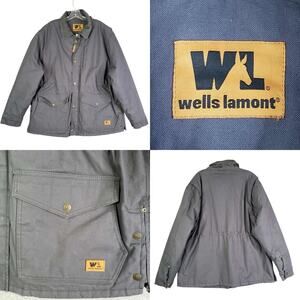 Wells Lamont Jacket Mens Large Gray Canvas Work Coat Corduroy Collar Detroit